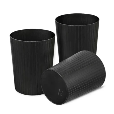 Image of Cetomo 7.2L*3 Plastic Waste Paper Bin, Trash Can, Small Bins, Bedroom Round Basket with Solid Stripe for Kitchen Rooms, Nesting, Matte, Frosted, Minimalist, Open Top, Black, 7.2L(3 Pack)