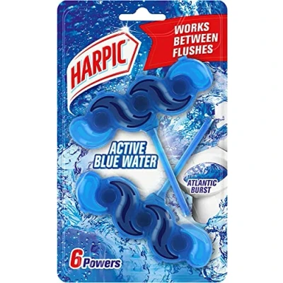 Image of Harpic Active Fresh Toilet Rim Block Twin Pack, Atlantic Fresh, Pack of 1, Anti Limescale, Dirt Remover, Lasts up to 10 weeks and 500 flushes, Cleaner, Freshener