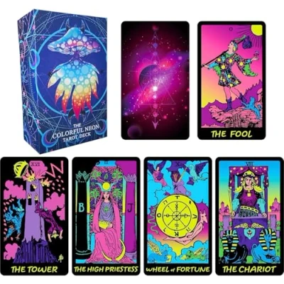 Image of Colorful Neon Tarot Cards Deck with Guidebook, for Beginners, 78 Deck, Classic Meanings on Them