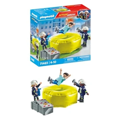 Image of Playmobil 71465 Action Heroes: Firefighters with Air Pillow, helmets, a megaphone, and fire extinguisher, fun imaginative role play, detailed play sets suitable for children ages 4+