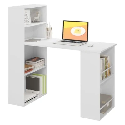 Image of eSituro 120cm Computer Desk with Storage Shelves, Reversible, Home Office Bookshelf, Study Writing Desk, Modern PC White, 122x55x120 cm