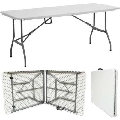 Image of 6ft Heavy Duty Folding Table Ideal for Catering, Camping, Picnic, Party Portable &amp; Compact Trestle with Carry Handle Indoor/Outdoor Dining, Garden, Market, BBQ White