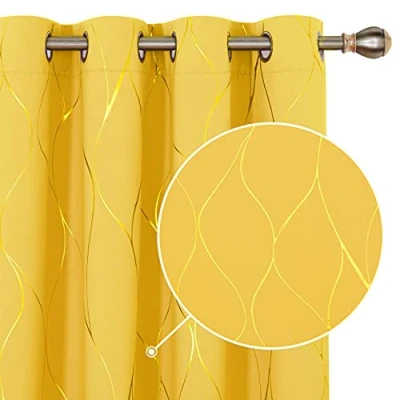 Image of Deconovo Window Treatment Eyelet Room Darkening Curtains, Gold Wave Foil Printed Blackout Curtains for Livingroom, 46 x 90 Inch (Width Length), Mellow Yellow, One Pair