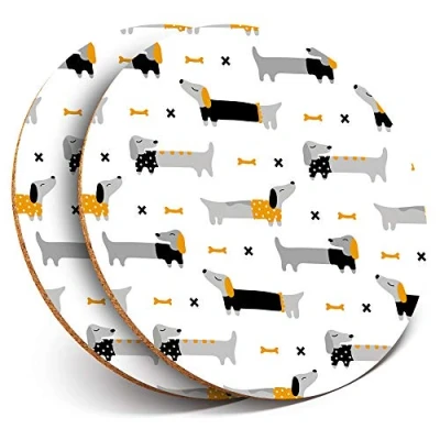 Image of 2 x Round Coasters Dachshund Sausage Dog Drawings Cork Backed Home Kitchen Accessory Tea Coffee Mug Mat #21806