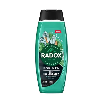 Image of Radox Mineral Therapy Feel Invigorated 2 in 1 Shower Gel &amp; Shampoo Men&#039;s Body Wash with sea salt, cedarwood mint scent for a refreshing experience 450 ml