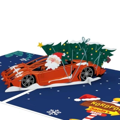 Image of LIMAH® Pop Up Card Christmas Santa in Sports Car Funny 3D with Racing and a Tree Money Gift or Voucher for Lovers Children, blue