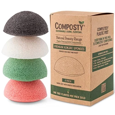 Image of Composty® Natural Konjac Sponges 4 Pack Cleansing &amp; Exfoliation for All Skin Types Face Reusable Compostable Plastic Free Washing Puff Shower One Tree Planted