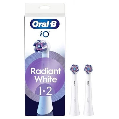 Image of Oral B iO Series Radiant White, Original Replacement Round Brush Heads, Angled Bristles for Deeper Plaque Removal, Polishing Petals Teeth Whitening, Electric Toothbrushes, 2