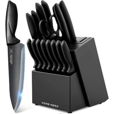 Image of Home Hero Ultra Sharp Stainless Steel Kitchen Knife Set Chef Knives (16 pcs Block Black with Block)