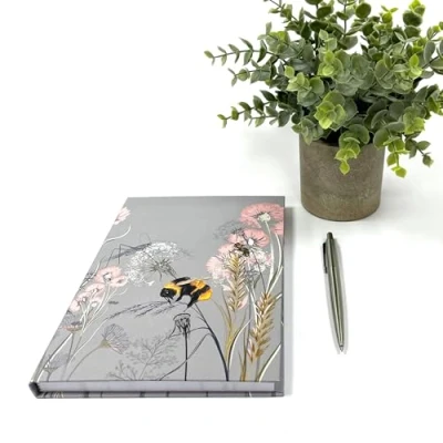 Image of Exacompta Ref GS033Z Journal/Diary/Planner/Notebook Bee &amp; Flower Design A5 in Size with 140 lined pages, Pink Ribbon Bookmark the Same as Cover on Each Page Light Grey