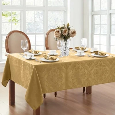 Image of Elrene Damask Tablecloth, Polyester, Gold, 52&quot; x 70&quot; Oblong/Rectangle