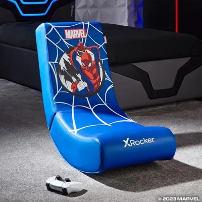 Image of X Rocker Official Marvel Spider Man Video Gaming Chair for Juniors, Folding Rocking Seat Spiderman Licensed Console Seat, Faux Leather Children Hero Edition BLUE