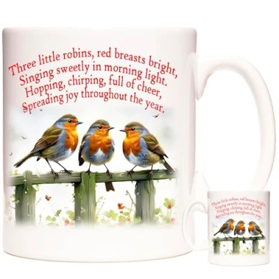 Image of KAZMUGZ Robin Mug, Robins on a Fence. Ceramic 11oz Mug Dishwasher and Microwave Safe. Gift Coffee for Fans of British Garden Birds