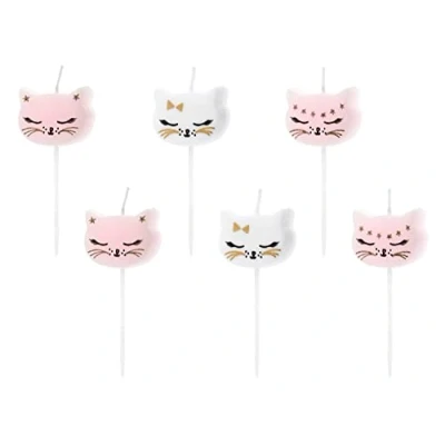 Image of PartyDeco Set of 6 Cute Kitten Shaped Birthday Candles Cats Collection, Pink &amp; White, 2 cm Tea Lights for Kids’ Themed Party Cake Decoration