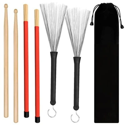 Image of SINBLUE Drum Sticks Brush Set 5A Maple Wood 1 Pair, Retractable Wire Brushes Rods Pair for Kids, Adults, Rock Band, Jazz Folk Students with Portable Storage Bag