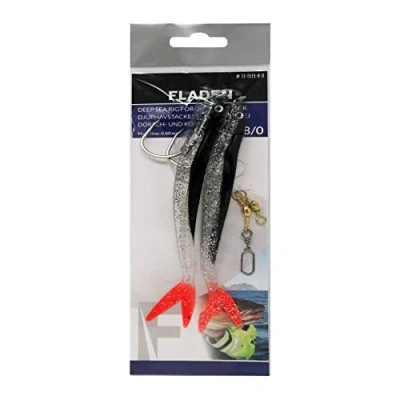 Image of FLADEN Fishing Deep Sea Cod Glitter Rig Large Size 8/0 Hooks Ready Tied Black or Blue 14cm Twintail Softbait (Size Hooks) (Black Glitter)