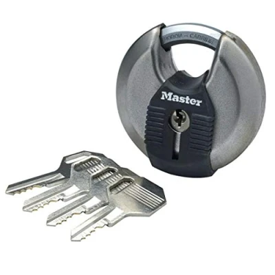 Image of MASTER LOCK Heavy Duty Disc Padlock, Security level 8/10, Outdoor, Keyed, Stainless Steel, Weatherproof, Closed Shackle