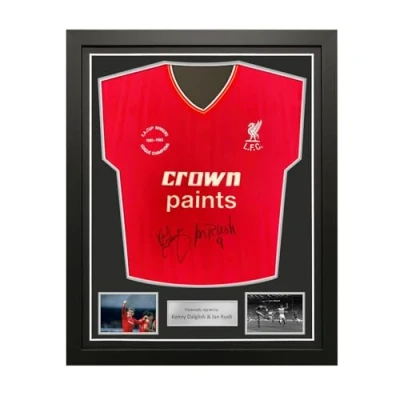 Image of Exclusive Memorabilia Ian Rush And Kenny Dalglish Dual Signed 1986 Liverpool Football Shirt. Standard Frame