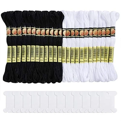 Image of Pllieay 24 Skeins Friendship Bracelets Floss, Black and White Embroidery Cross Stitch Threads Cotton Floss with 12 Pieces Bobbins for Knitting, Project