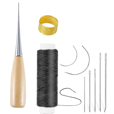 Image of HRLORK 10 Pcs Curved Upholstery Leather Needles Hand Sewing Kits with Waxed Thread Cord Drilling Awl and Thimble for Repair, Fabric DIY Crafts