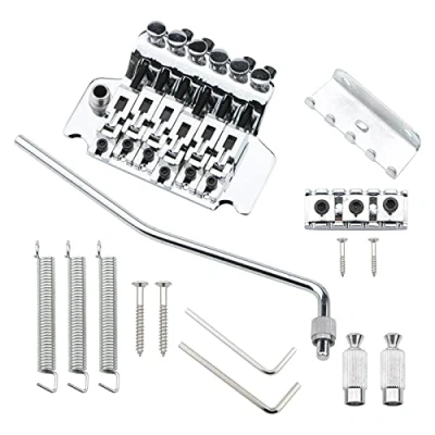 Image of Pxyelec Chrome Electric Guitar Tremolo Bridge with Bar Double Strat Locking for Floyd Rose Type