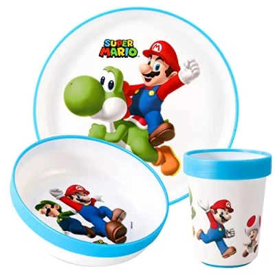 Image of Super Mario 3pcs Reusable Bicolor Premium Kids Dinner Tableware Set Plate, Bowl &amp; Tumbler, BPA Free