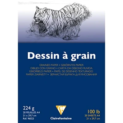 Image of Clairefontaine Ref 96023C White Grained Drawing Paper Glued Pad (20 Sheets) A4 Sized, 224gsm Paper, &amp; Acid Free, pH Neutral