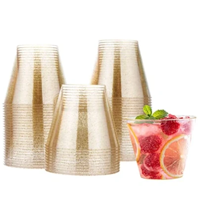 Image of MATANA 60 Premium Clear Hard Plastic Cups, Party Cups with Gold Glitter (255ml / 9oz) Reusable Glasses, Tumblers, for Drinks, Cocktail, Wine, Dessert, Wedding, Parties