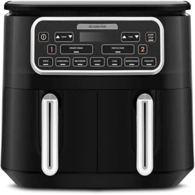 Image of Karaca Air Cook 2 in 1 Dual XXXL Fryer with Stew Function, 8L, 2500W, 6 Cooking Functions, Large Meal Volume Less Fat, Odourless and Smokeless Cooking, Adjustable Time, Black Chrome