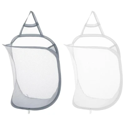 Image of TRKETK 2 Pcs Hanging Laundry Hamper, Mesh Collapsible Small Wall Baskets Pop Up Hamper Organizer Dirty Clothes Bag Portable Bin for Home Hotel Travel Camping (White+Gray)