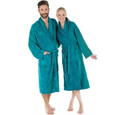 Image of CelinaTex Oregon Bathrobe, Shawl Collar, Plain, Long, Patched Pockets, Piping, Women, Men, Unisex, 100% Cotton, Turquoise, Small