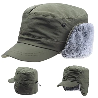 Image of ZffXH Men&#039;s Trapper Hat, Army Green Winter Warm Waterproof Baseball Cap Cadet Hats with Ear Muffs, Bomber Deerstalker Mens Furs Flap Caps, Peaked Deer Hunting Trooper Military