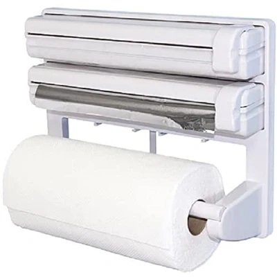 Image of 3 in 1 Kitchen Rolls Holder Dispenser Cling Film Foil Paper Cutter Roll Easy To Install Wall Mounted White