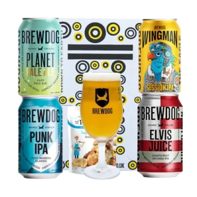Image of Brewdog UK Craft Beer 4 Can Gift Set with Glass (Punk IPA, Dead Pony, Elvis Juice, Planet Pale) Gifts For Men, Birthday Men and Women, Her, Set, Fathers Day