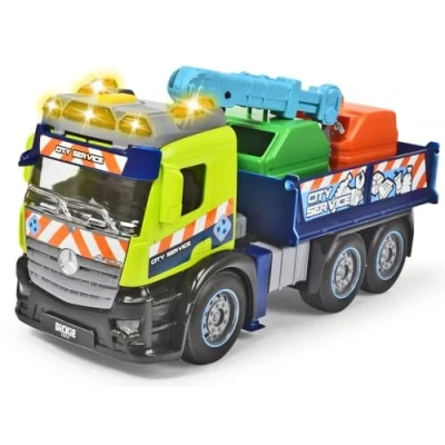 Image of Dickie Toys 203745015 Lkw Action Truck Including Recycling Container, with Crane, Sound and Warning Light, Loading unloading Function, Waste Removal for Children from 3 Years, Green/Blue
