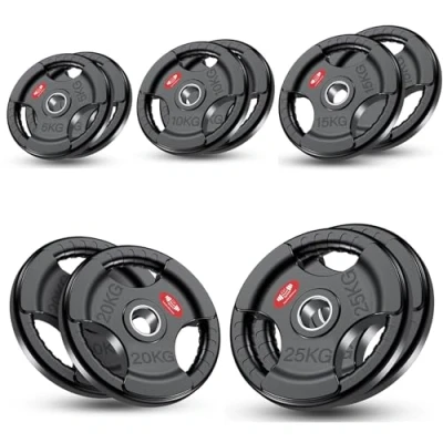 Image of FK Sports Olympic Weight Plates with Rubber Finish Cast Iron Core, Tri Grip Design, 2&quot; Opening, Barbell Set for Home &amp; Gym Strength Training 2.5kg, 5kg, 15kg, 20kg, 25kg Pairs (150KG Set)
