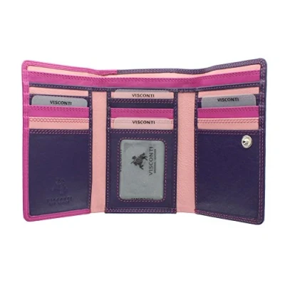 Image of Visconti Rainbow Collection Bora Tri Fold Leather Purse RFID Blocking RB43 Berry Multi