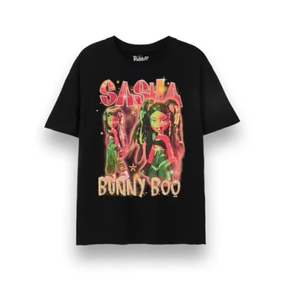 Image of Bratz Sasha Womens T Shirt Y2K Bling Short Sleeve Graphic Tee in Black Bunny Boo Classic Doll Chrome Relaxed Fit Apparel Top Nostalgic Character Merchandise Gift