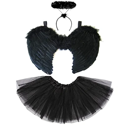Image of Adult Dark Angel Costume Set For Womens Black Wings Tutu and Halo Fallen Halloween