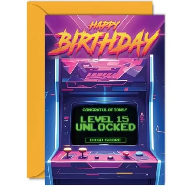 Image of 15th Gamer Birthday Cards for Boys Girls Level 15 Unlocked Happy Card Son Daughter Nephew Niece Grandson, 5x7 Inch Fifteen Fifteenth Bday Video Game Greeting