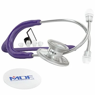 Image of MDF Acoustica Lightweight Stethoscope for Doctors, Nurses, Students, Home Health Use, Adult, Dual Head, Purple Tube, Silver Chestpiece Headset, MDF747XP08