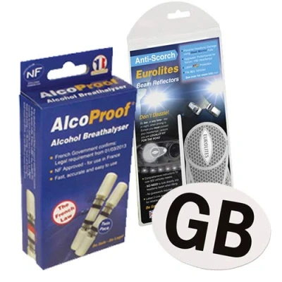 Image of Family Motoring &amp; Leisure Eurolites Headlamp Beam Adaptors Headlight Converters + 2 French Alcoproof Breathalysers UK National Sticker