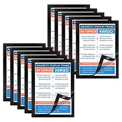 Image of VAIIGO A4 Self Adhesive Magnetic Display Frame, Paper Holder for License, Photos, Documents (10Pack, Black)