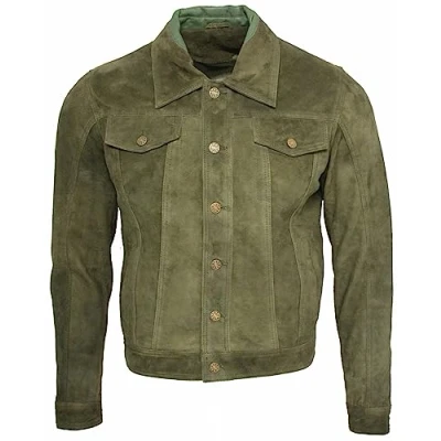 Image of Men&#039;s Trucker Casual Goat Suede Green Leather Shirt Jeans Jacket S