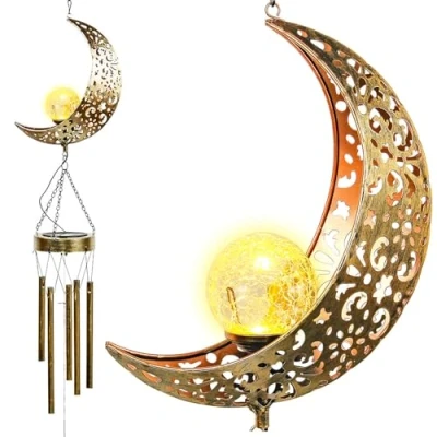 Image of Taylor &amp; Brown Wind Chimes Solar lights Powered LED Moon Sun Night outdoor Garden Waterproof Metal Windbell Chime Light Lamp for Patio Deck Lawns Yard (Moon)