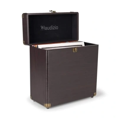 Image of Audizio RC32 Vinyl Record Storage Case Dark Wood, Stylish LP Case, Durable Holder with Soft Flannel Lining, Holds 30 35 Records, Metal Latch, Hinge &amp; Carry Handle