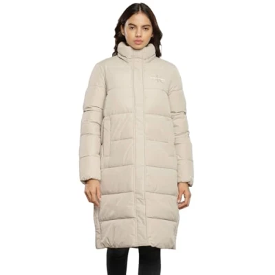 Image of Calvin Klein Jeans Women Coat Monologo Non Down Long Puffer Winter, Beige (Plaza Taupe), M