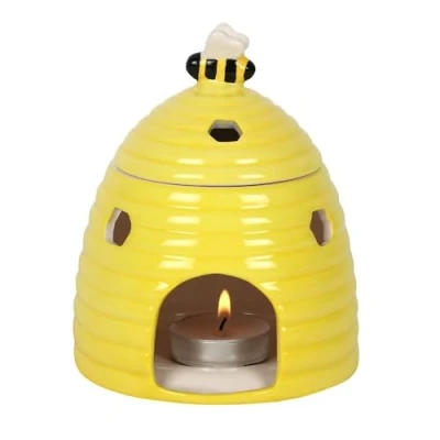 Image of Cheerful Yellow Beehive Oil Burner 14cm x 11cm (1 Pc.) Adorable Ceramic Design with Sweet Bee Lid, Honeycomb Cutouts Compatible Fragrance Oils and Wax Melts