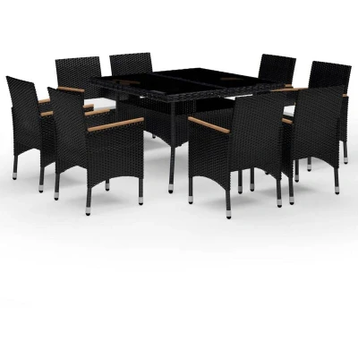 Image of vidaXL 9 Piece Garden Dining Set Poly Rattan and Tempered Glass Black