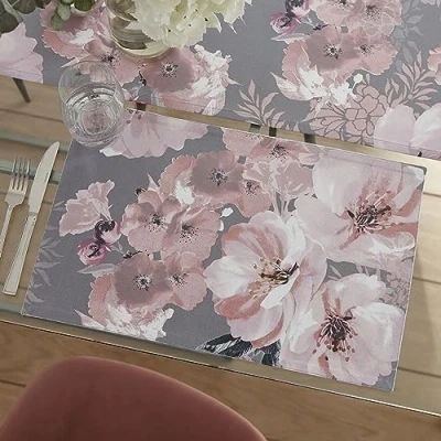 Image of Catherine Lansfield Dining Dramatic Floral Cotton 30x46 cm Placemat Pair Grey